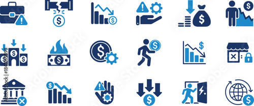 Business and financial crisis, risk, decline, problem vector icons