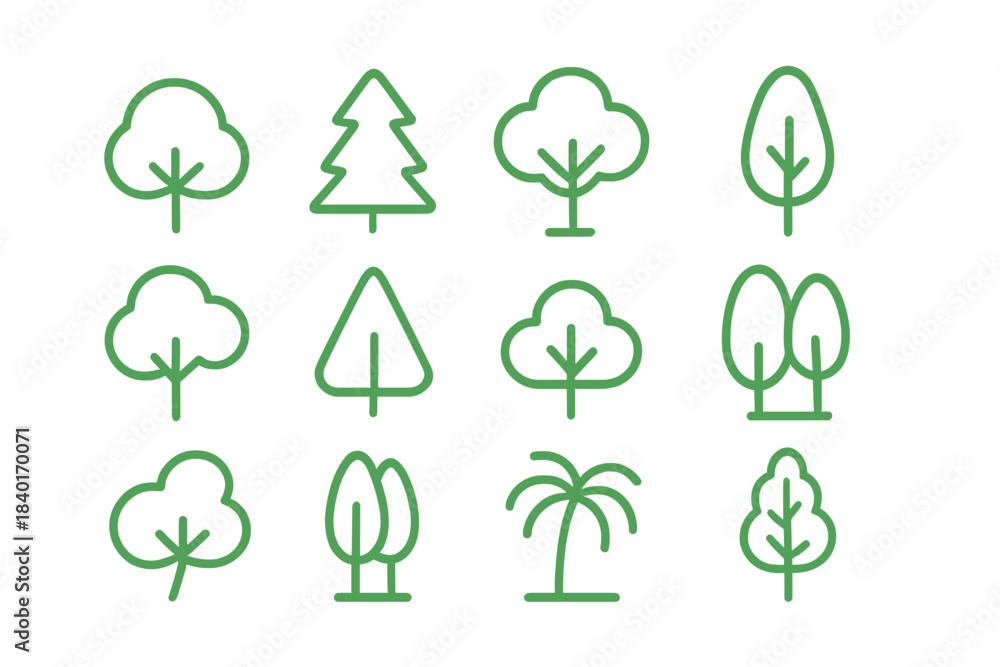 Obraz premium Collection of various green outline tree icons for nature, forest, and ecology design