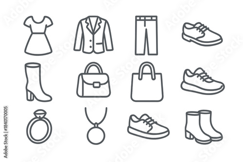 Minimalist outline symbols of clothing, footwear, handbags, and accessories for fashion