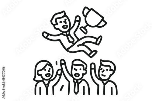 Business team celebrating major victory by tossing colleague holding a trophy