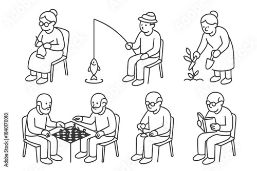 Senior citizens enjoying active retirement hobbies like gardening, fishing, and reading