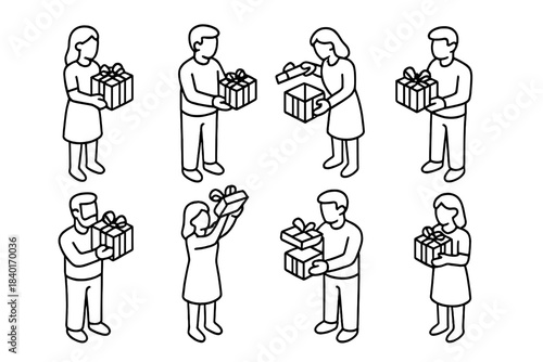 Isometric outline figures exchanging and opening wrapped presents for celebration
