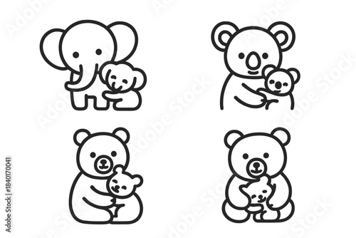 Cute outline drawing of parent and baby animals embracing, symbolizing love and family