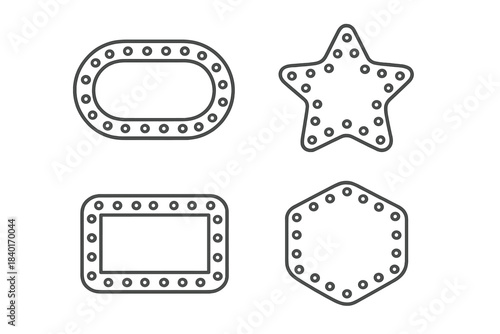 Set of four glowing geometric frames: oval, star, rectangle, and hexagon marquee borders