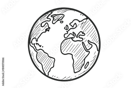 Hand drawn sketch style globe showing continents isolated on white background