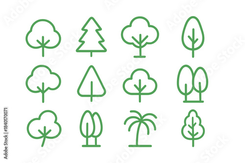 Collection of various green outline tree icons for nature, forest, and ecology design