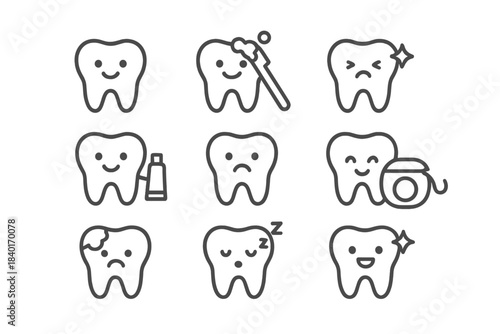 Outline icons representing dental health, oral hygiene, brushing, flossing, and tooth decay