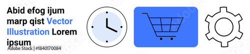 Clock, shopping cart icon, and gear symbolizing time management, online shopping, and customization. Ideal for e-commerce, productivity, settings, apps technology business simple landing page