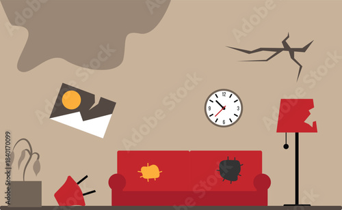 Interior of an Old Broken Abandoned Apartment Flat Style. Interiors and architecture, messy lifestyle vector art