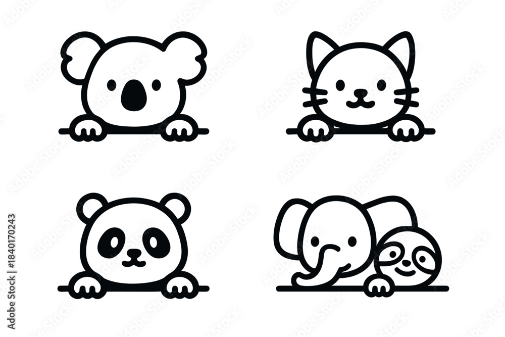 Naklejka premium Cute minimalist line animals peeking over border: koala, cat, panda, elephant, sloth