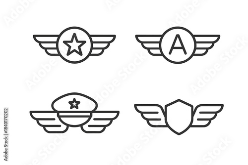 Outline winged badges, pilot wings, military insignia, and achievement symbols