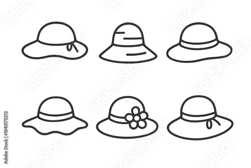 Collection of six outline icons depicting different styles of wide-brimmed summer hats