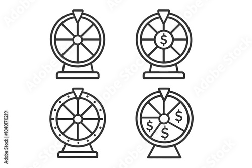 Outline icons set of spinning prize wheels for casino and fortune games
