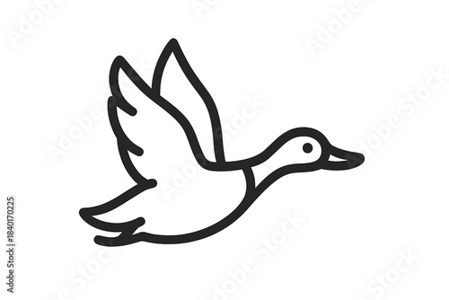 Minimalist black outline of a wild duck flying in the air with wings extended