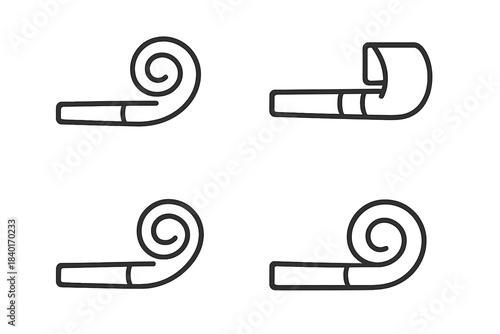 Minimalist set of four simple party blowers and noise makers for celebration events