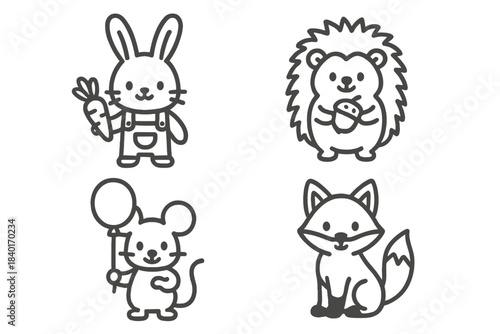 Cute cartoon animal characters set featuring rabbit, hedgehog, mouse, and fox