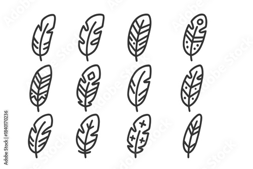 Set of stylized bird feathers drawn in hand drawn doodle style black outline