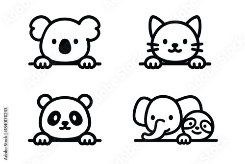 Cute minimalist line animals peeking over border: koala, cat, panda, elephant, sloth