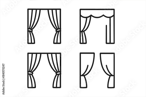 Set of minimalist black window treatments including curtains and decorative drapes