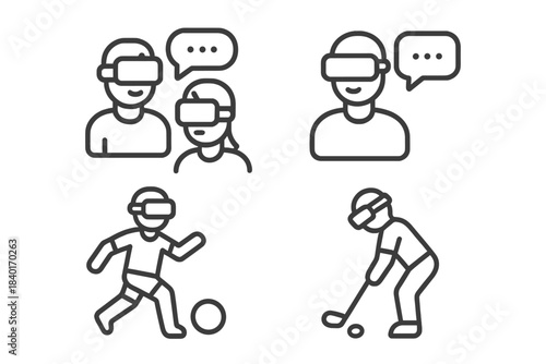 Outline icons of people using VR headsets for communication, social interaction, and sports gaming