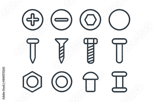 Assortment of metal construction hardware featuring various types of screws, nails, and bolts