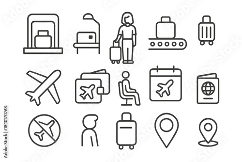 Outline icons set for airport travel, aviation, luggage, passport, and security procedures