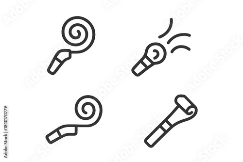 Outline icons of festive party noisemakers, blowers, and horns for celebration events