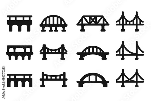 Twelve bridge icons featuring arch, truss, suspension, and beam architectural structures