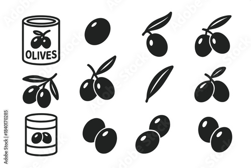 Simple monochrome glyphs of olives, olive branches, leaves, and canned food packaging
