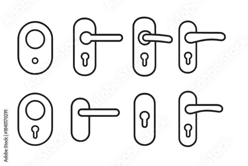 Set of modern door hardware elements including handles, levers, and lock plates