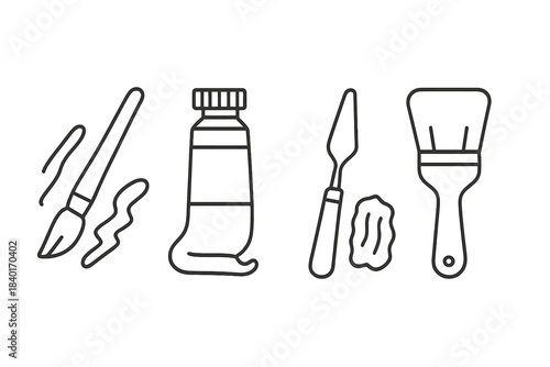 Art supplies icons set featuring paint brushes, tube, palette knife, and drawing tools