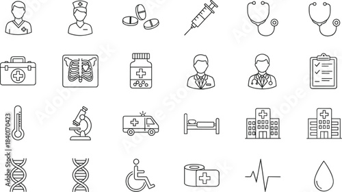 Medical and Healthcare Line Icons for Hospital Services, Doctors, Equipment, Emergency Care, Diagnosis, Treatment, and Patient Support Materials