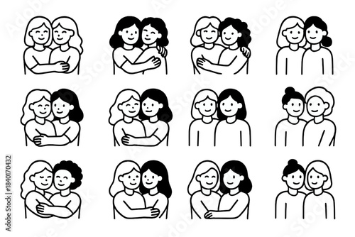 Simple black and white line art of women pairs hugging and standing together, symbolizing friendship and love