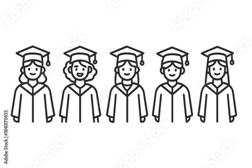 Five smiling students in graduation robes and caps celebrating their university commencement