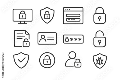 Cybersecurity and data protection concepts featuring lock, shield, password, and user access