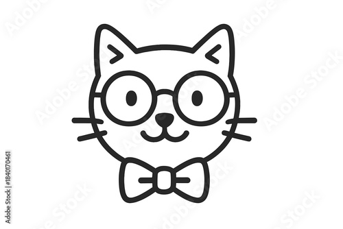 Adorable cartoon cat head wearing large round glasses and a formal bow tie