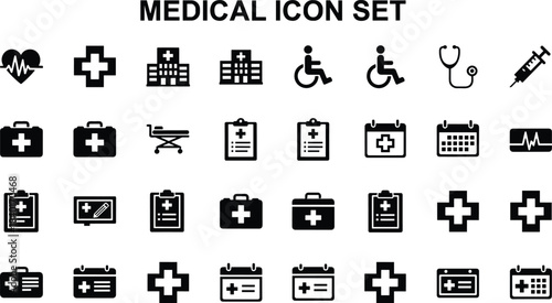 Medical Icon Set Featuring Hospital, Healthcare, Equipment, Accessibility, Charts, and Emergency Symbols for UI, App, and Infographic Design