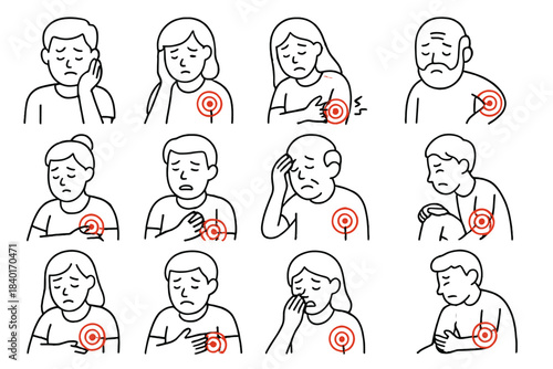 Diverse individuals suffering from various types of pain and illness symptoms