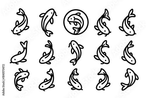 Simple black outline Japanese koi fish and carp swimming poses