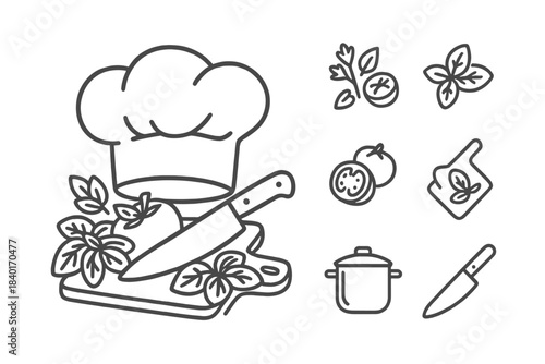 Chef hat and kitchen utensils set with fresh ingredients for cooking and food preparation