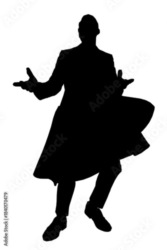 A fashionable man in a suit, long coat, and hat dances with outstretched hands as a black and white silhouette against a clean white background.