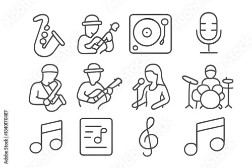 Outline icons set for music, musicians, instruments, and audio equipment
