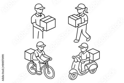 Isometric set of delivery people carrying packages and riding a bicycle or scooter