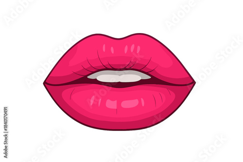 Vibrant pink glossy female lips with white teeth isolated on a clean white background