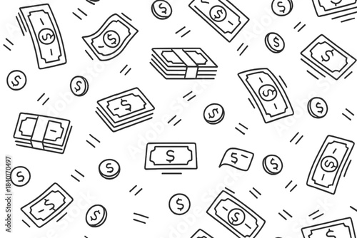 Seamless pattern with scattered hand drawn doodle banknotes and coins for finance background