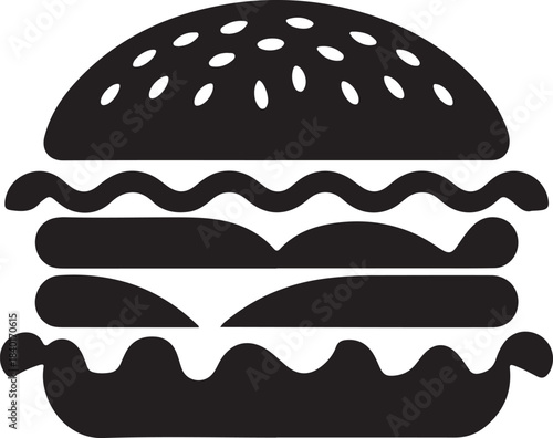 Black and white graphic illustration of a layered hamburger with sesame seeds on bun food