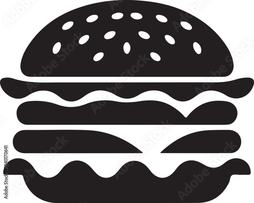 Black and white graphic illustration of a layered hamburger with sesame seeds on the bun