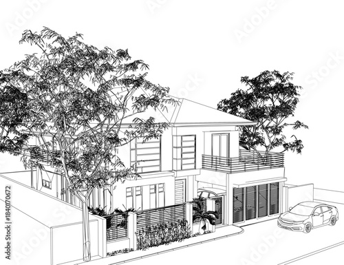 A black and white line drawing depicts a house and parked car in a serene urban landscape surrounded by lush trees and plants.