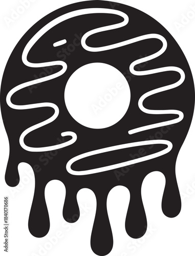 Black and white dripping donut graphic with white icing swirls and a hole doughnut
