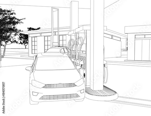 A gas station sketch features a parked car, surrounding trees, and a building under a clear sky in an urban landscape area.